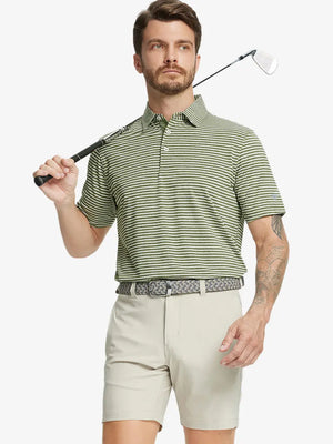 Front half-body shot of model holding golf club, wearing Sport Fit Stripe Polo in Olive Green Stripe