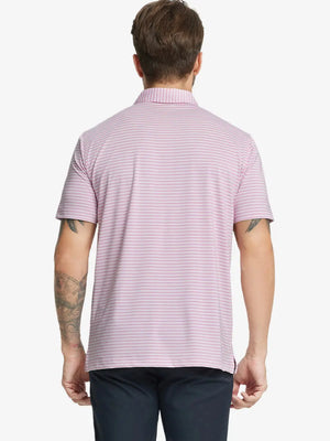 Back half-body shot of model showcasing the back of Sport Fit Stripe Polo in Pink Stripe