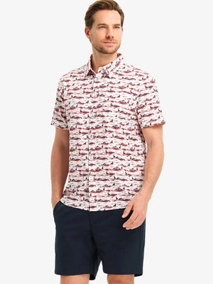 Front half-body view wearing SUNSET ELK Stylish Printing Summer Shirt.