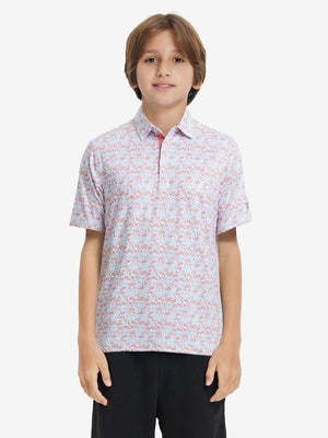 Front half-body shot of youth in white pizza performance print boys golf polo, highlighting design and fit